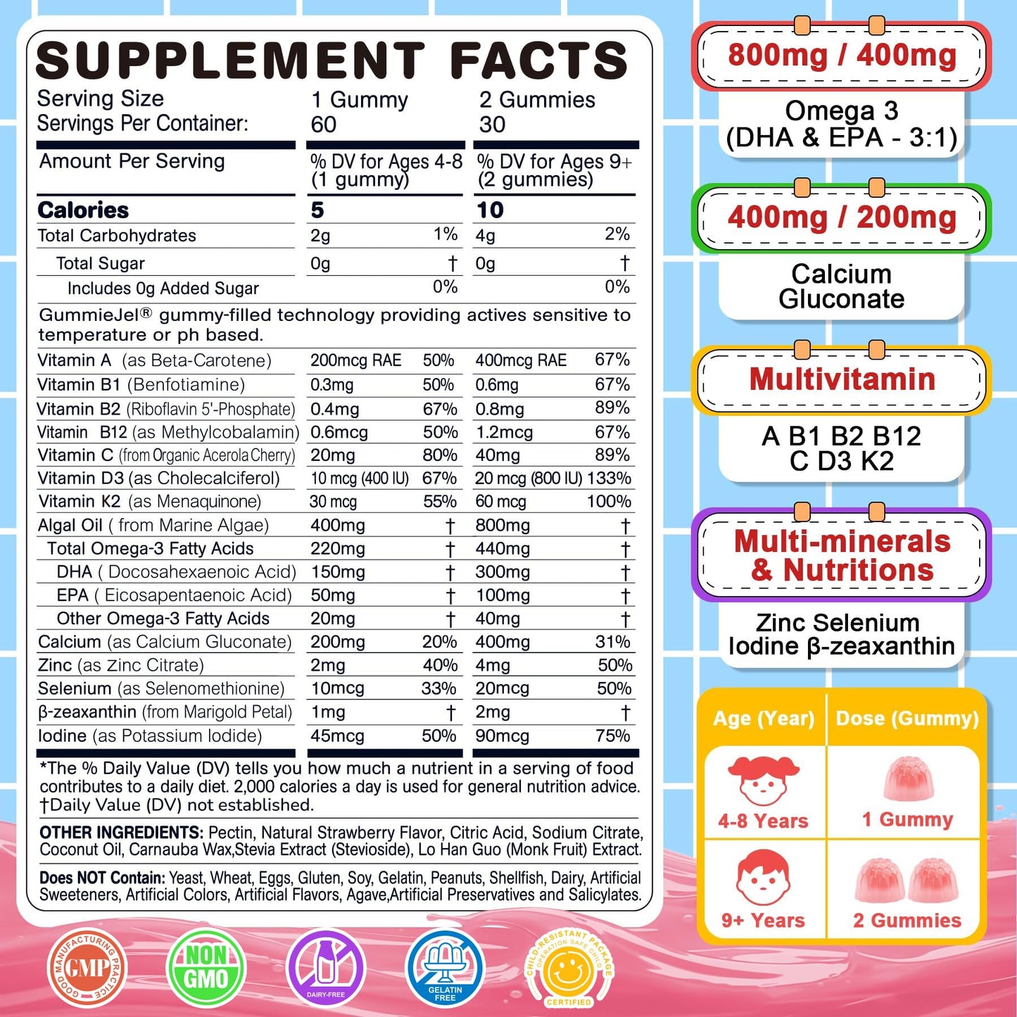 Nextdia Omega-3 Gummies for Kids – Multivitamin, Calcium, D3, K2, Zinc | Sugar Free