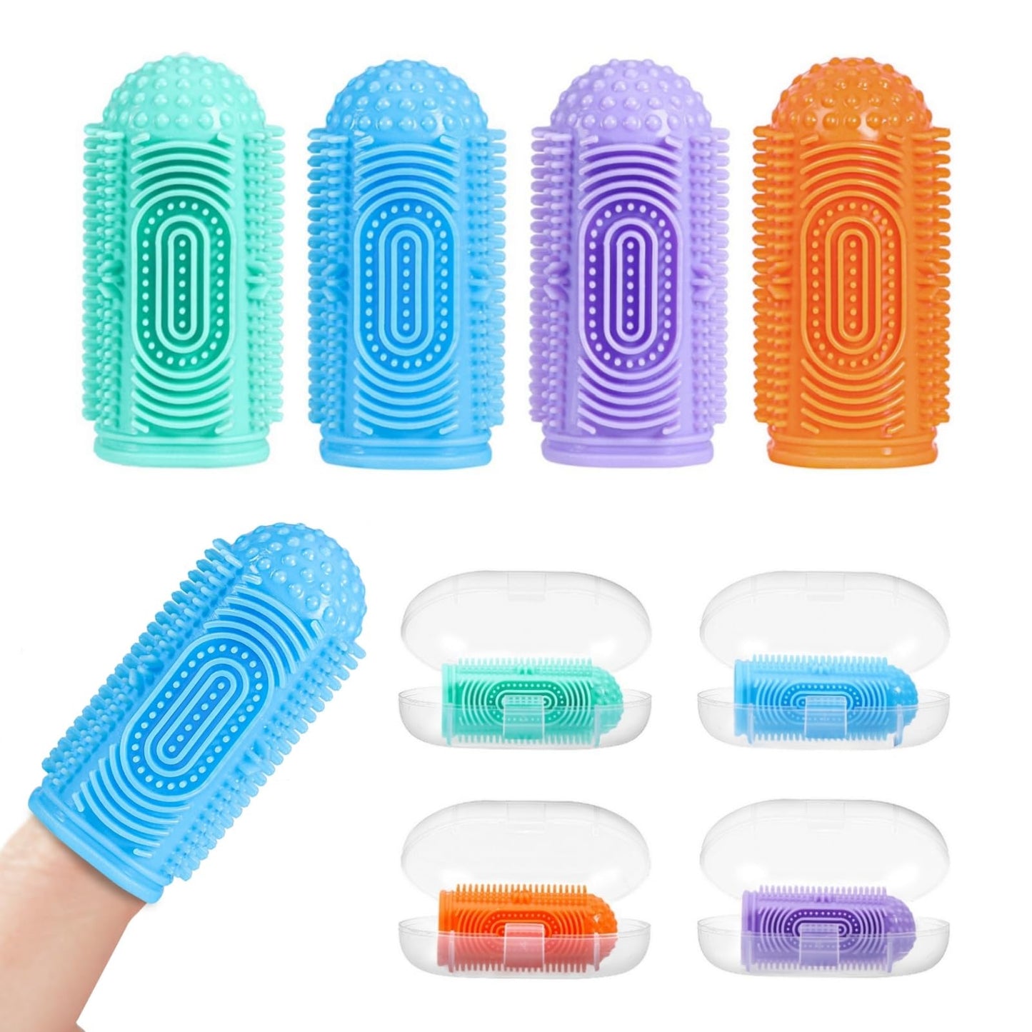 NFSVLB Finger Toothbrush Set – 4 Silicone Baby Brushes + 4 Storage Cases