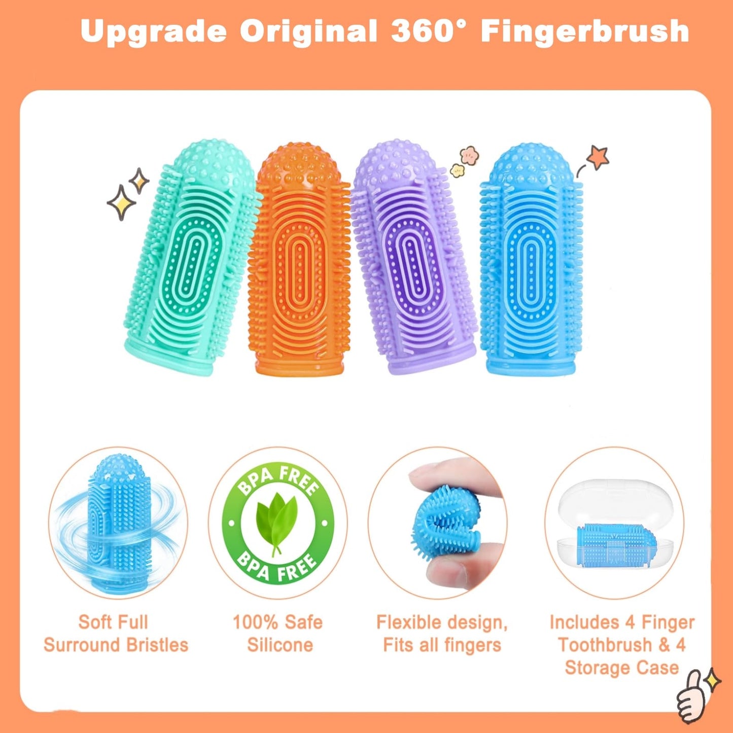 NFSVLB Finger Toothbrush Set – 4 Silicone Baby Brushes + 4 Storage Cases