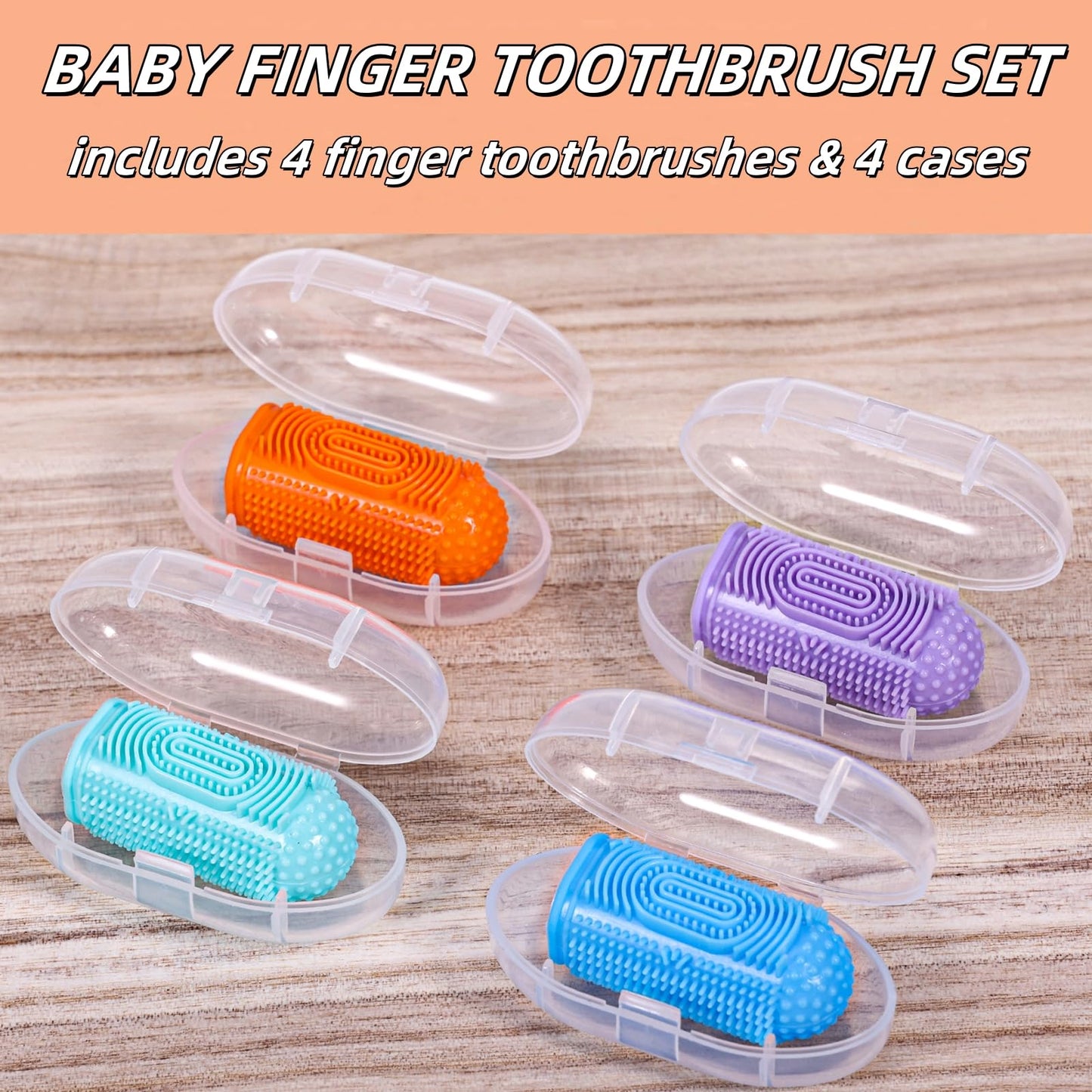 NFSVLB Finger Toothbrush Set – 4 Silicone Baby Brushes + 4 Storage Cases