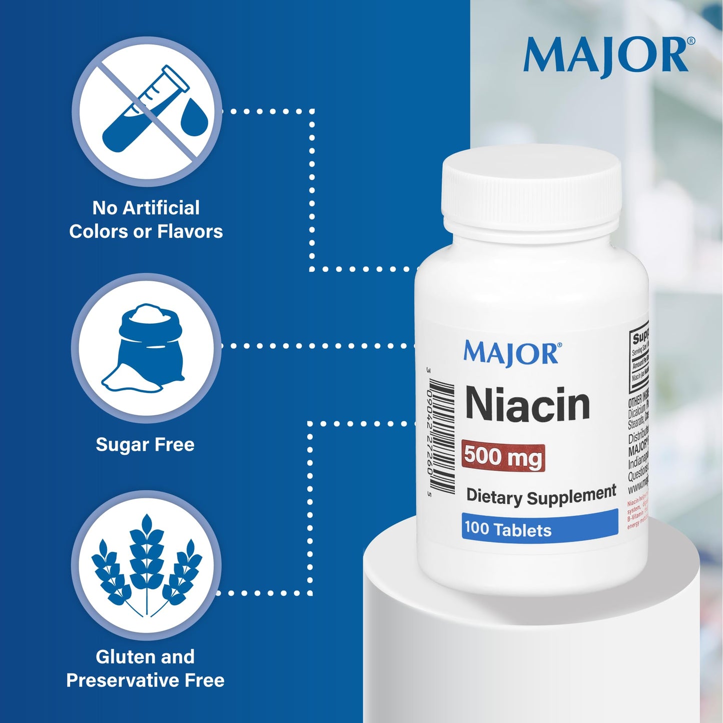 Major Niacin 500mg - Dietary Supplement | 100 Tablets