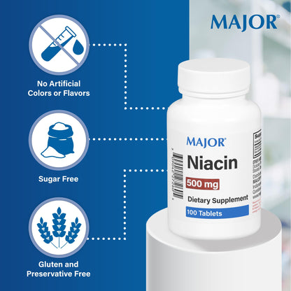 Major Niacin 500mg - Dietary Supplement | 100 Tablets