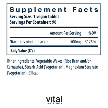 Vital Nutrients Niacin 500mg | Timed-Release Niacin for Heart Health | Non-GMO | Gluten Free | 90 Tablets