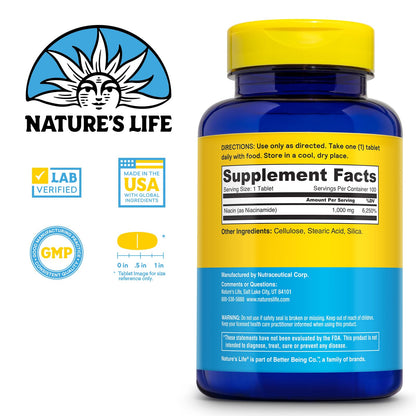 Nature's Life Niacinamide 1000mg No-Flush Niacin – B3 for Nerve, Energy & Metabolism | 60-Day Guarantee | 100 Servings