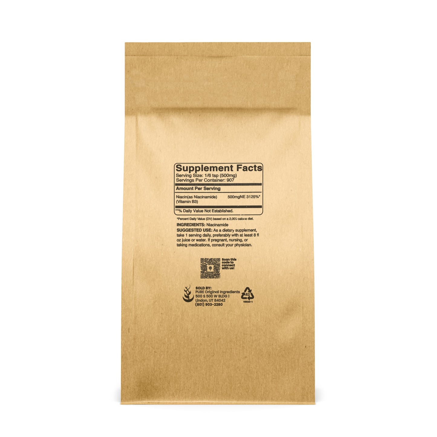 Pure Original Niacinamide Powder (1lb) Vitamin B3 - Flush-Free, Gluten-Free