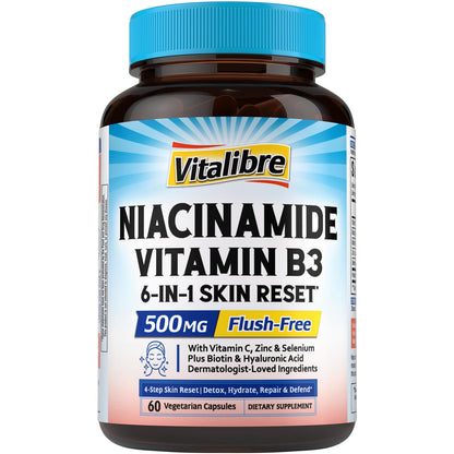 Niacinamide Vitamin B3 500mg No-Flush – 6-in-1 Skin Reset Formula with Zinc, Selenium, Biotin, Hyaluronic Acid - 60 Vegan Caps