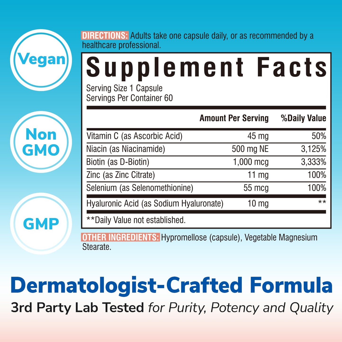 Niacinamide Vitamin B3 500mg No-Flush – 6-in-1 Skin Reset Formula with Zinc, Selenium, Biotin, Hyaluronic Acid - 60 Vegan Caps