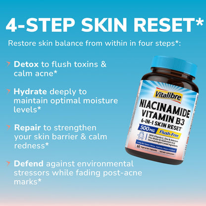 Niacinamide Vitamin B3 500mg No-Flush – 6-in-1 Skin Reset Formula with Zinc, Selenium, Biotin, Hyaluronic Acid - 60 Vegan Caps