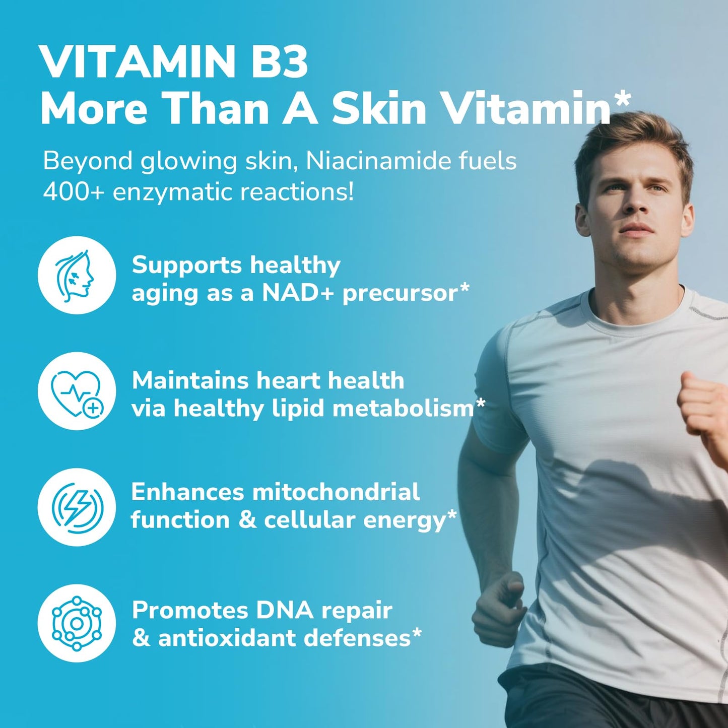 Niacinamide Vitamin B3 500mg No-Flush – 6-in-1 Skin Reset Formula with Zinc, Selenium, Biotin, Hyaluronic Acid - 60 Vegan Caps