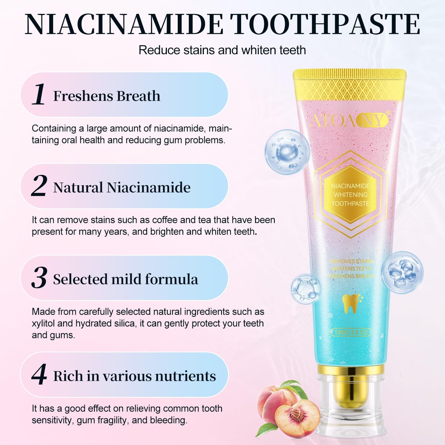 Niacinamide Whitening Toothpaste – Natural Gentle Care, Deep Stain Removal, Fresh Breath, Gum Health | 3.8 oz