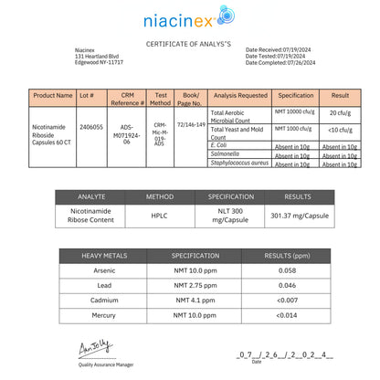 Niacinex NAD+ NR Supplement - 600mg Nicotinamide Riboside - Healthy Aging, Clarity & Energy - 60 Capsules - Made in USA