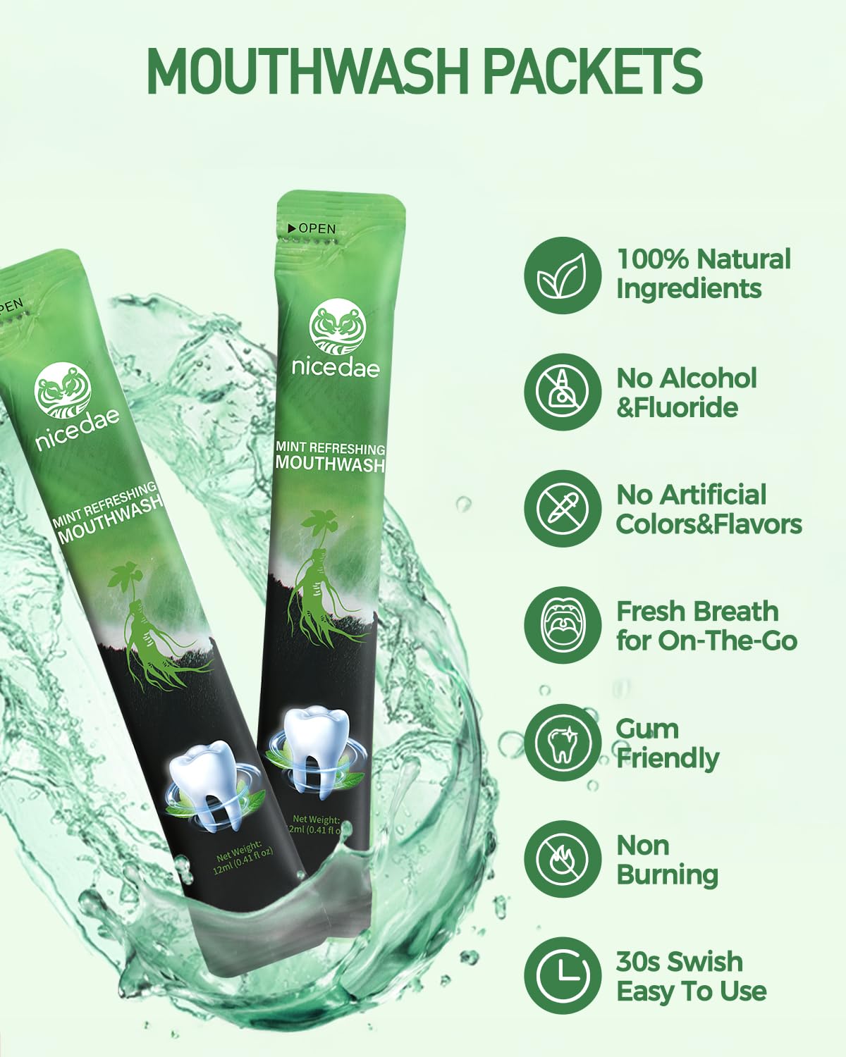 nicedae Travel Size Mouthwash – Alcohol-Free, Fluoride-Free, 30 Packets
