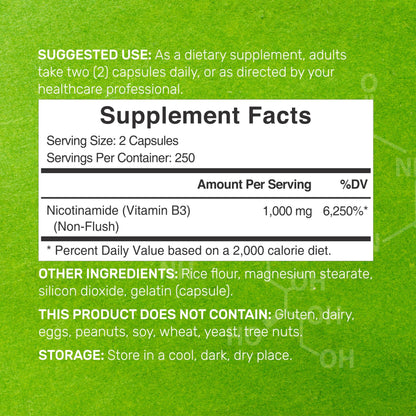 Vitamin B3 Nicotinamide 1,000mg Per Serving – 500 Capsules, Flush Free Niacin, Essential B3 – Supports Healthy Skin & Energy Production – Non-GMO