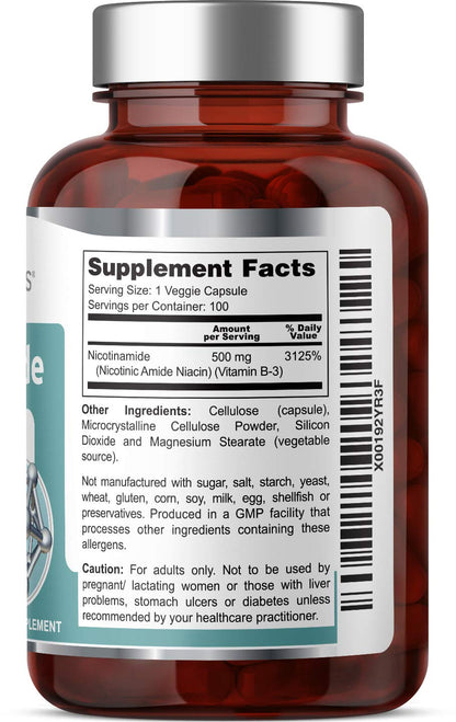 B-3 Nicotinamide 500 mg - 100 Vcaps | Flush-Free Niacin for Skin Cell Health
