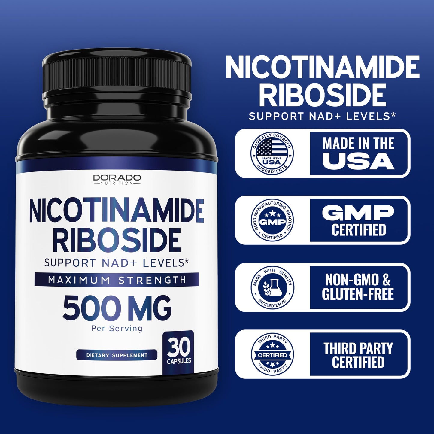 Nicotinamide Riboside 500mg (30 Count) NAD+ Booster – NR Supplement (USA Made)