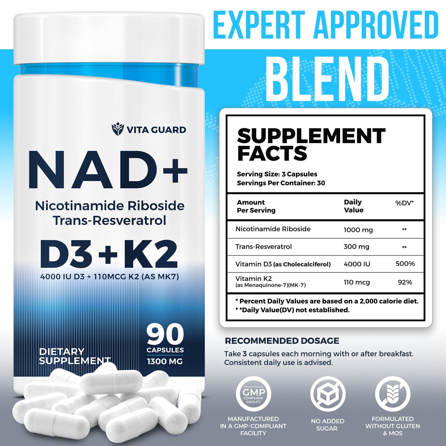 Anti-Aging Energy NAD Supplement – NMN Alternative with Nicotinamide Riboside 1000mg, Trans-Resveratrol 300mg, Vitamin D3 4000 IU and K2 110 mcg MK7 – Vegetarian 60 Capsules, 1300mg