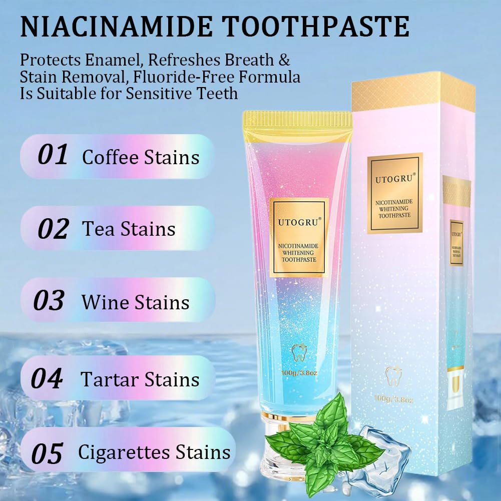 Nicotinamide Whitening Toothpaste - Enamel Protection, Fresh Breath & Stain Removal | Fluoride-Free for Sensitive Teeth (3.8oz/100g, 2P)