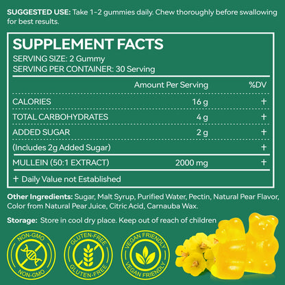 NIFEISHI Mullein Gummies for Lungs – 2000mg Mullein Leaf, Pear Flavor, 60 Gummies