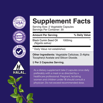 Vegan Black Seed Oil Capsules - Cold-Pressed Nigella Sativa | Hair Growth & Immune Support