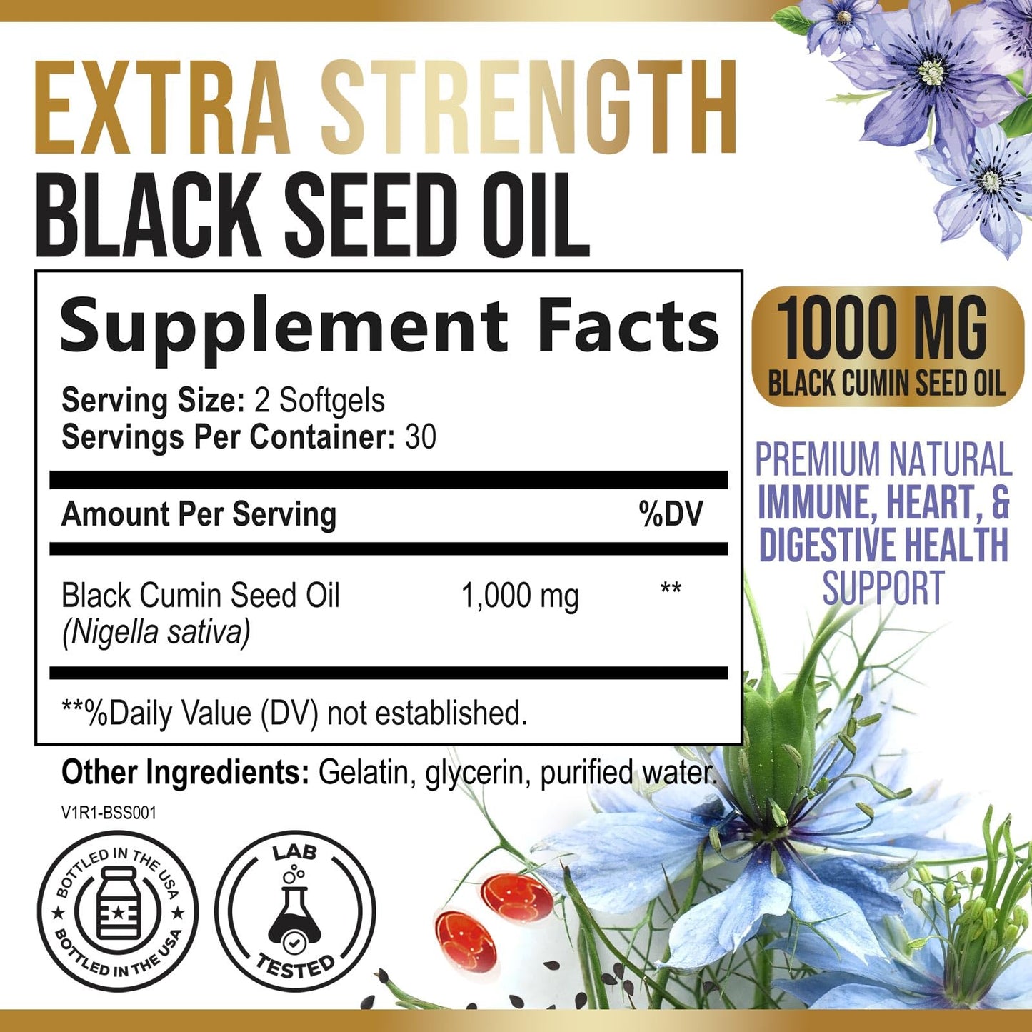 Black Seed Oil Softgels 1000mg – Nigella Sativa, Pure Black Cumin Oil, 60 Softgels | Non-GMO, USA Bottled