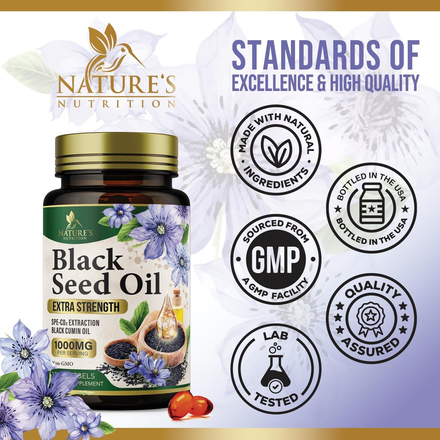 Black Seed Oil Softgels 1000mg | Nigella Sativa (Black Cumin) | Made in USA