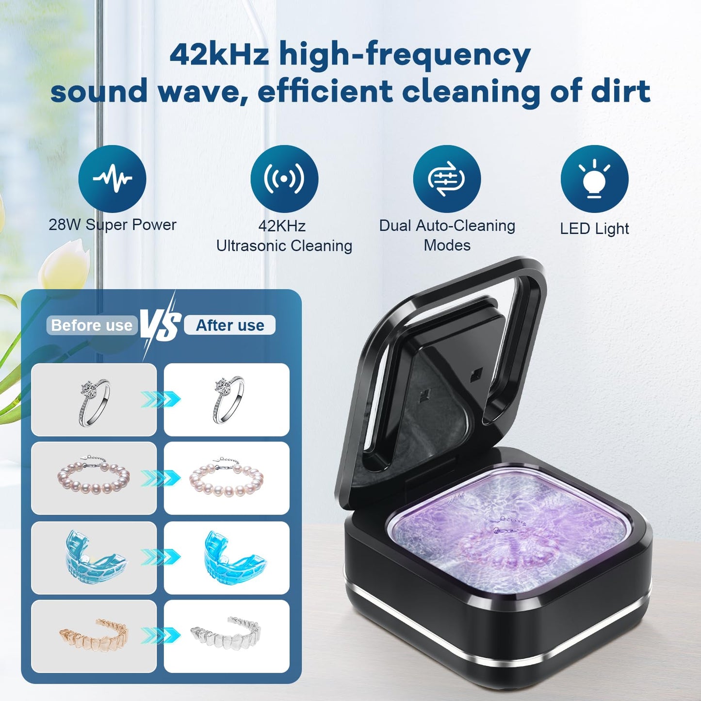 Ultrasonic Retainer Cleaner Machine | 42kHz, 28W Denture Cleaner for Night Guards, Braces, Jewelry – 180ml