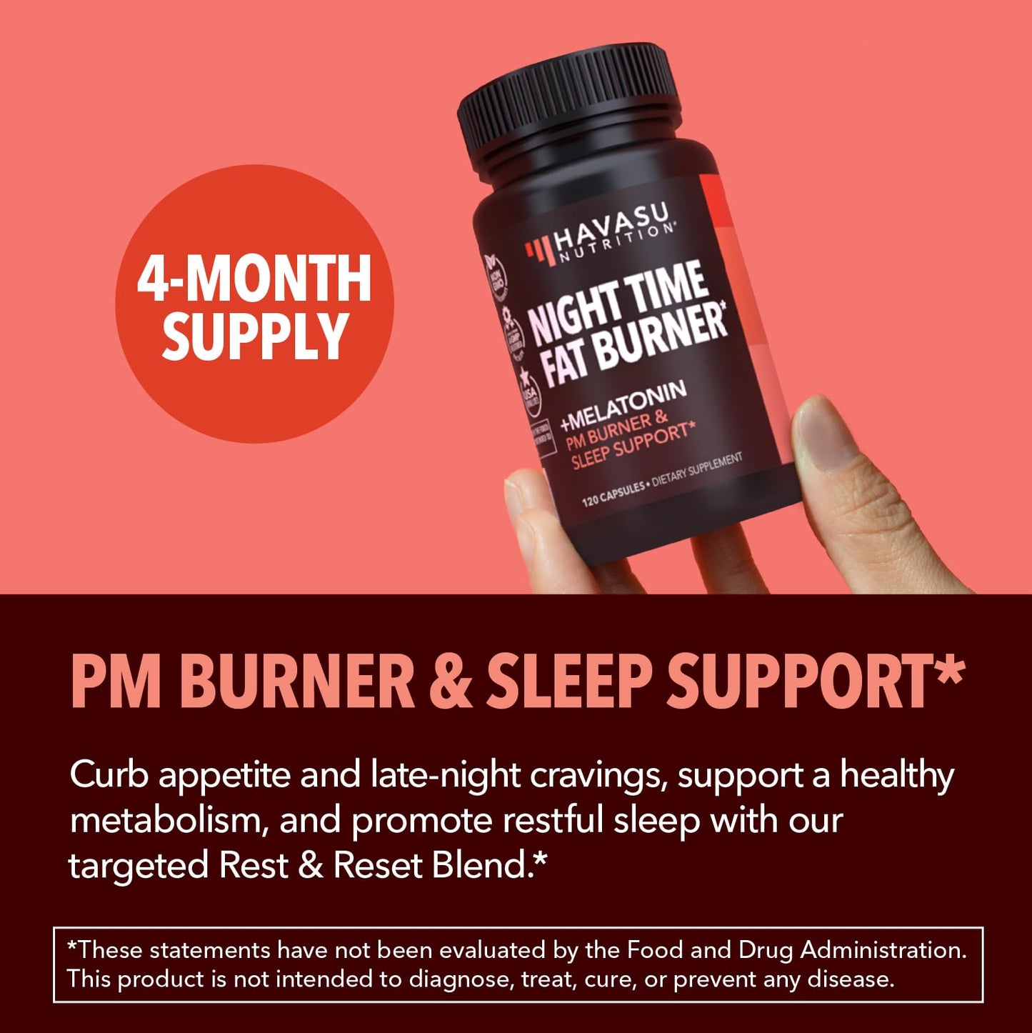 Night Time Fat Burner Metabolism Booster — Appetite Suppressant, 120 Pills