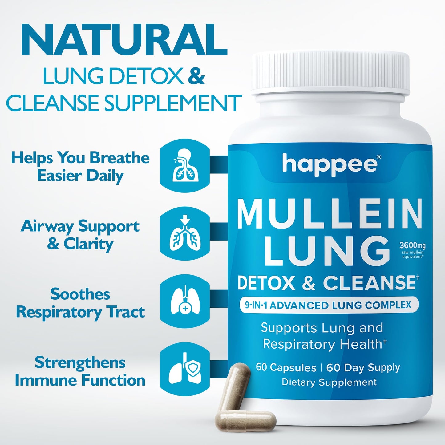 Mullein Leaf Extract for Lung Detox & Cleanse – 60 Capsules | 9-in-1 Lung Health