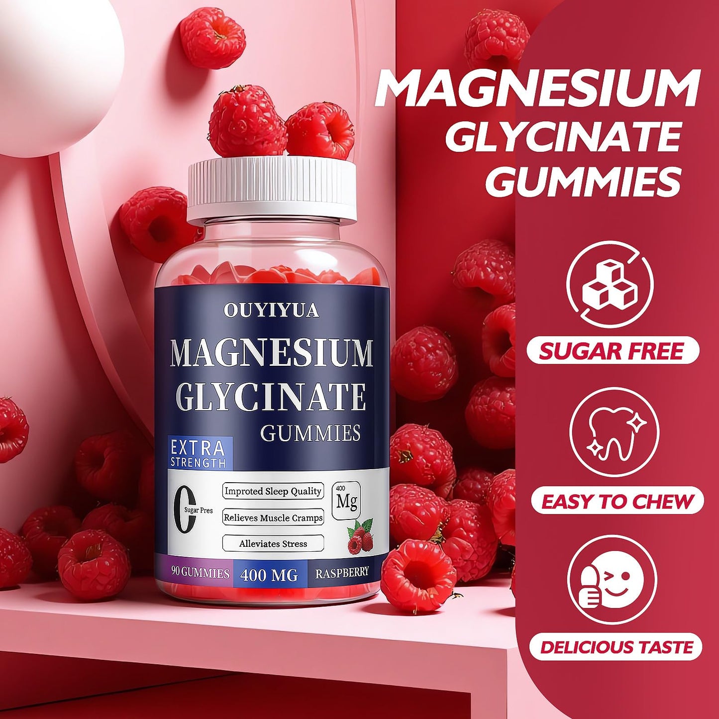Magnesium Glycinate 400mg Gummies, Sugar Free Magnesium Gummies with Vitamins D, B6 for Sleep Support, Stress and Muscle Relief for Men and Women, 90 Count