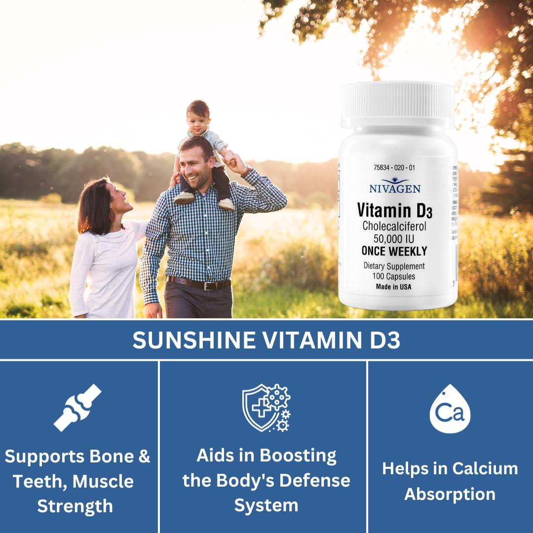 Nivagen Vitamin D3 50,000 IU Weekly Dose – 100 Capsules | Made in USA