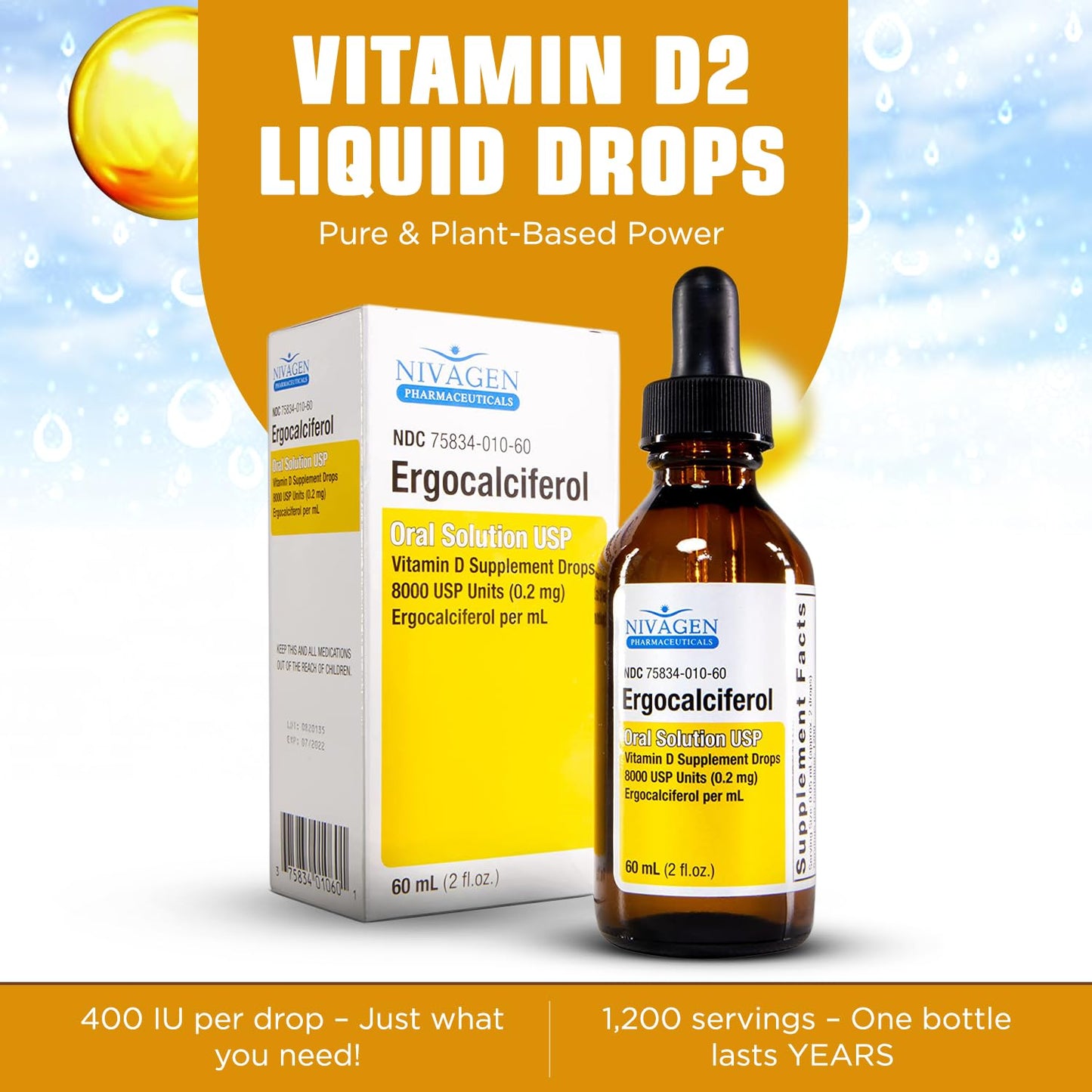 Nivagen Vitamin D2 Liquid Drops – 8,000 IU, 60ml, 1,200 Servings | Made in USA