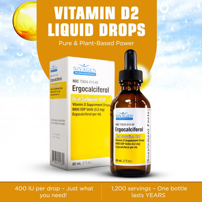 Nivagen Vitamin D2 Liquid Drops – 8,000 IU, 60ml, 1,200 Servings | Made in USA