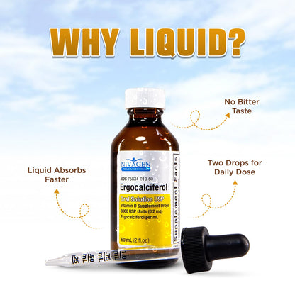 Nivagen Vitamin D2 Liquid Drops – 8,000 IU, 60ml, 1,200 Servings | Made in USA
