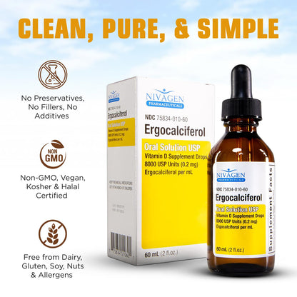 Nivagen Vitamin D2 Liquid Drops – 8,000 IU, 60ml, 1,200 Servings | Made in USA