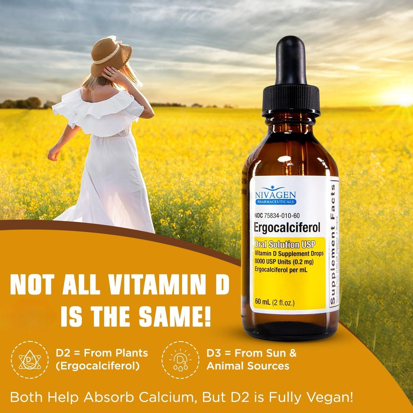 Nivagen Vitamin D2 Liquid Drops – 8,000 IU, 60ml, 1,200 Servings | Made in USA