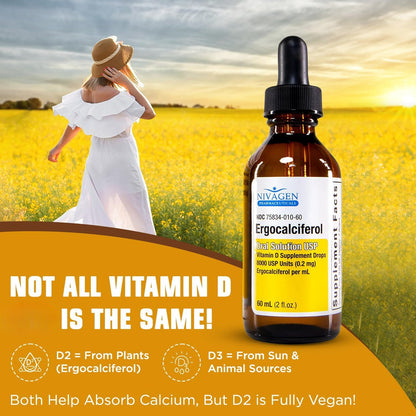 Nivagen Vitamin D2 Liquid Drops – 8,000 IU, 60ml, 1,200 Servings | Made in USA