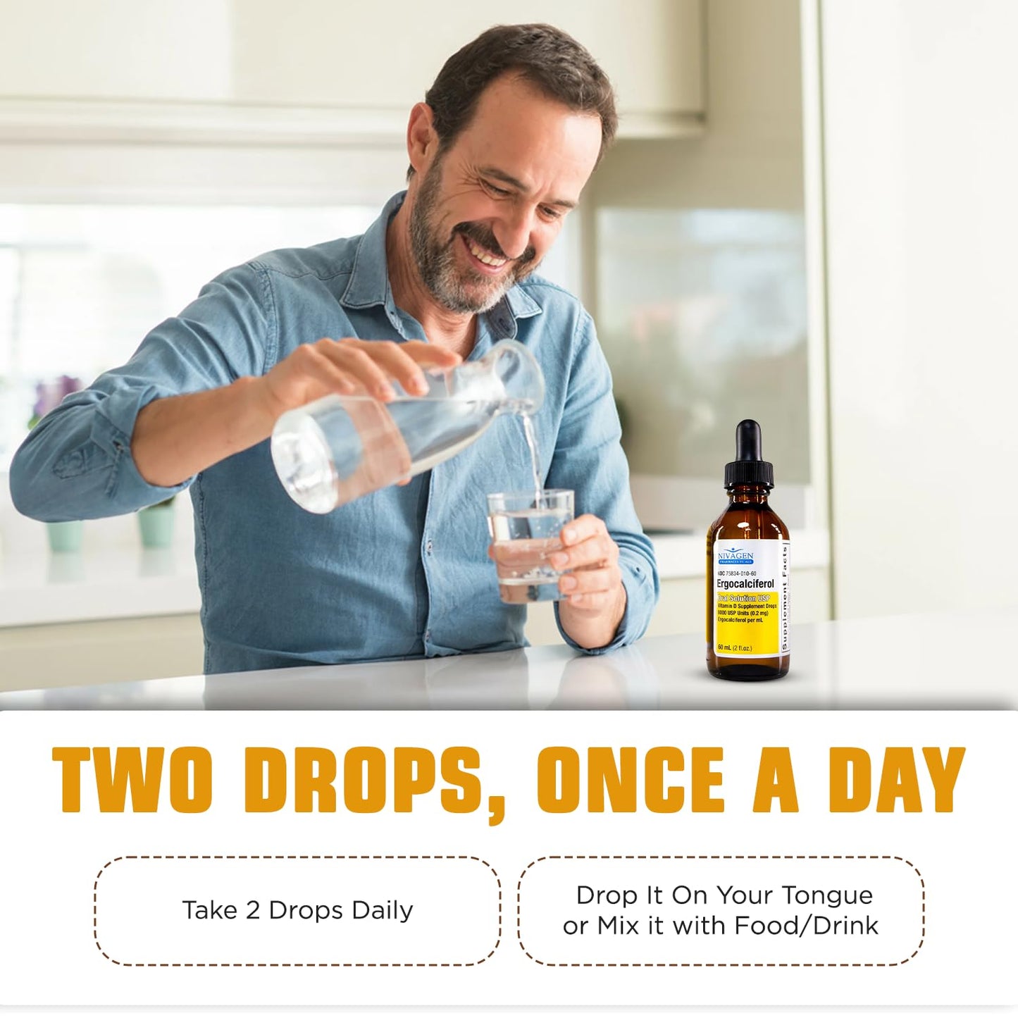 Nivagen Vitamin D2 Liquid Drops – 8,000 IU, 60ml, 1,200 Servings | Made in USA