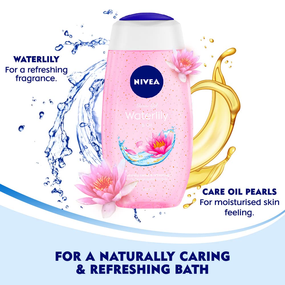 NIVEA Bath Shower Water Lily Oil – 250 ml Moisturizing Skin Cleanser with Oil Pearls & Water Lily Fragrance