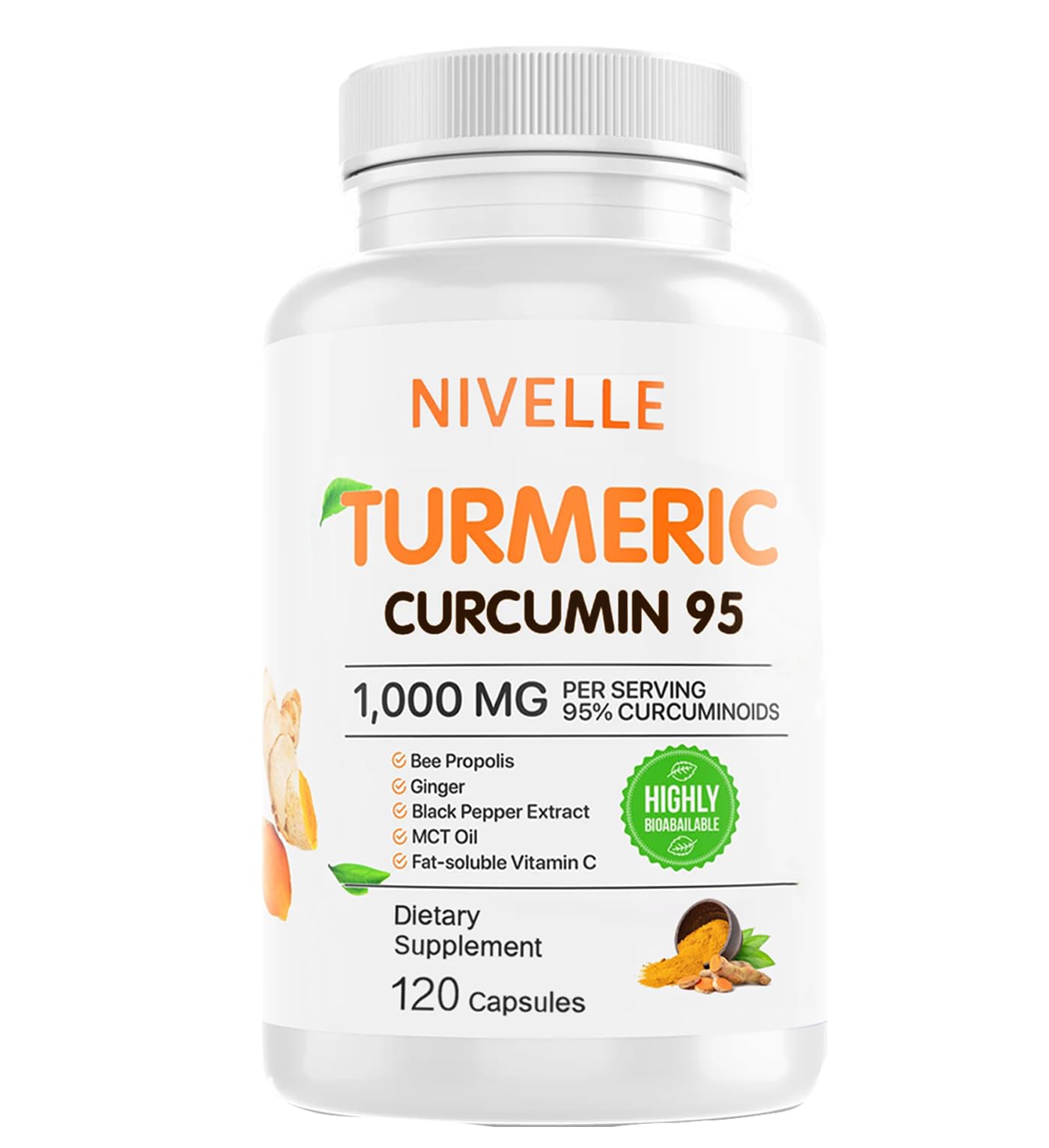 NIVELLE Turmeric Curcumin 1000mg | 95% Curcuminoids with Propolis, Ginger, MCT Oil, Vitamin C | 120 Capsules