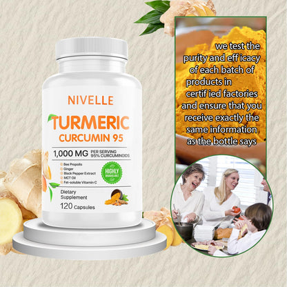 NIVELLE Turmeric Curcumin 1000mg | 95% Curcuminoids with Propolis, Ginger, MCT Oil, Vitamin C | 120 Capsules