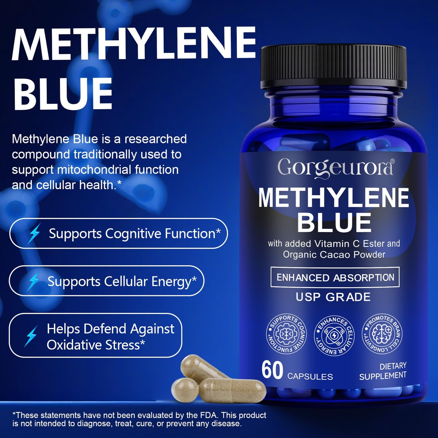 NKKOBSLE Methylene Blue Capsules – USP Grade 1% for Brain Health