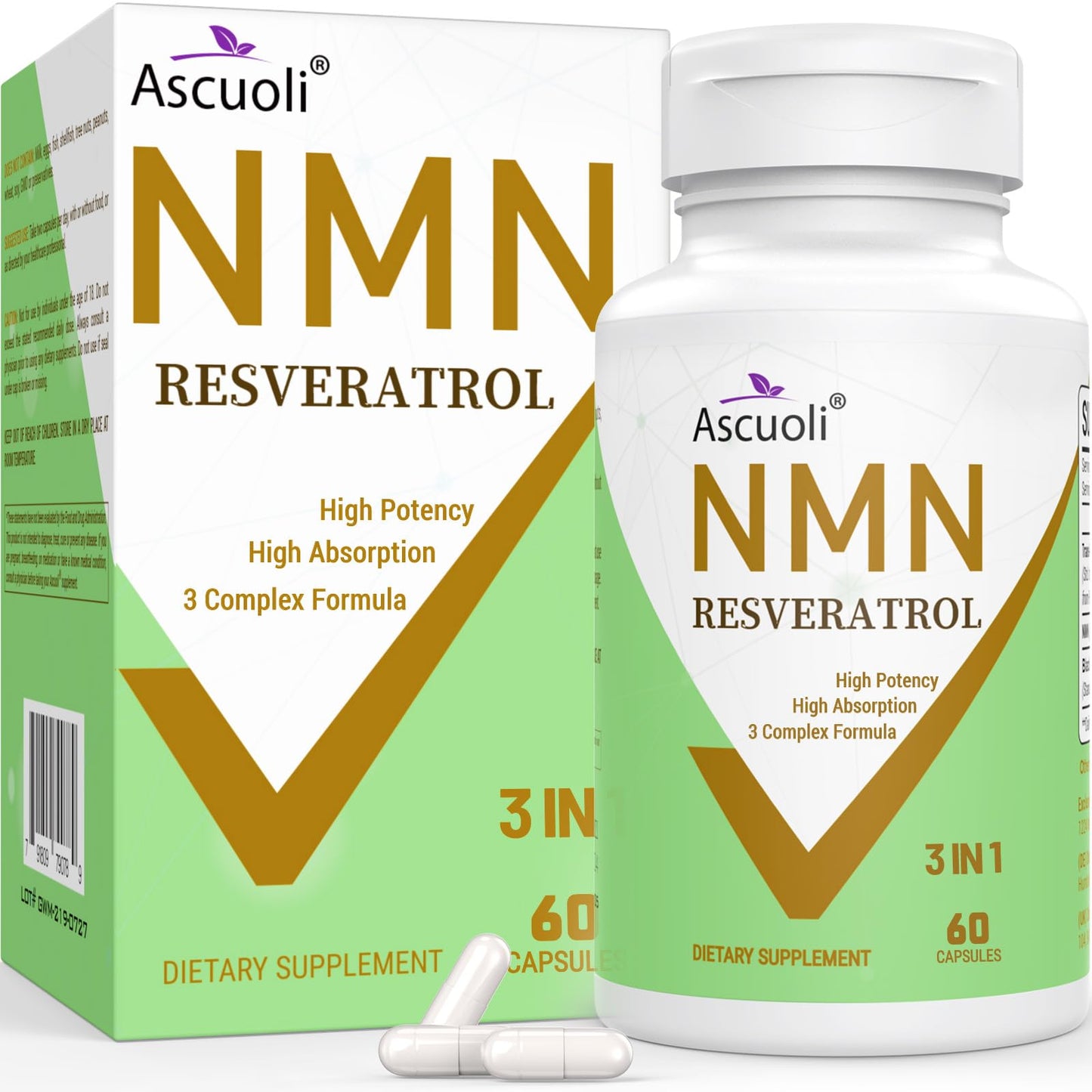 99% Ultra Purity NMN 500mg + Trans-Resveratrol 600mg - 1150mg NMN Resveratrol Supplement | 3-in-1 Formula | 60 Caps