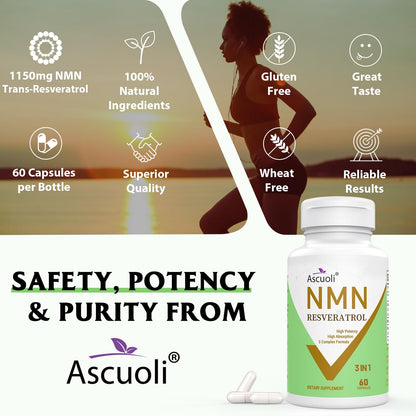 99% Ultra Purity NMN 500mg + Trans-Resveratrol 600mg - 1150mg NMN Resveratrol Supplement | 3-in-1 Formula | 60 Caps