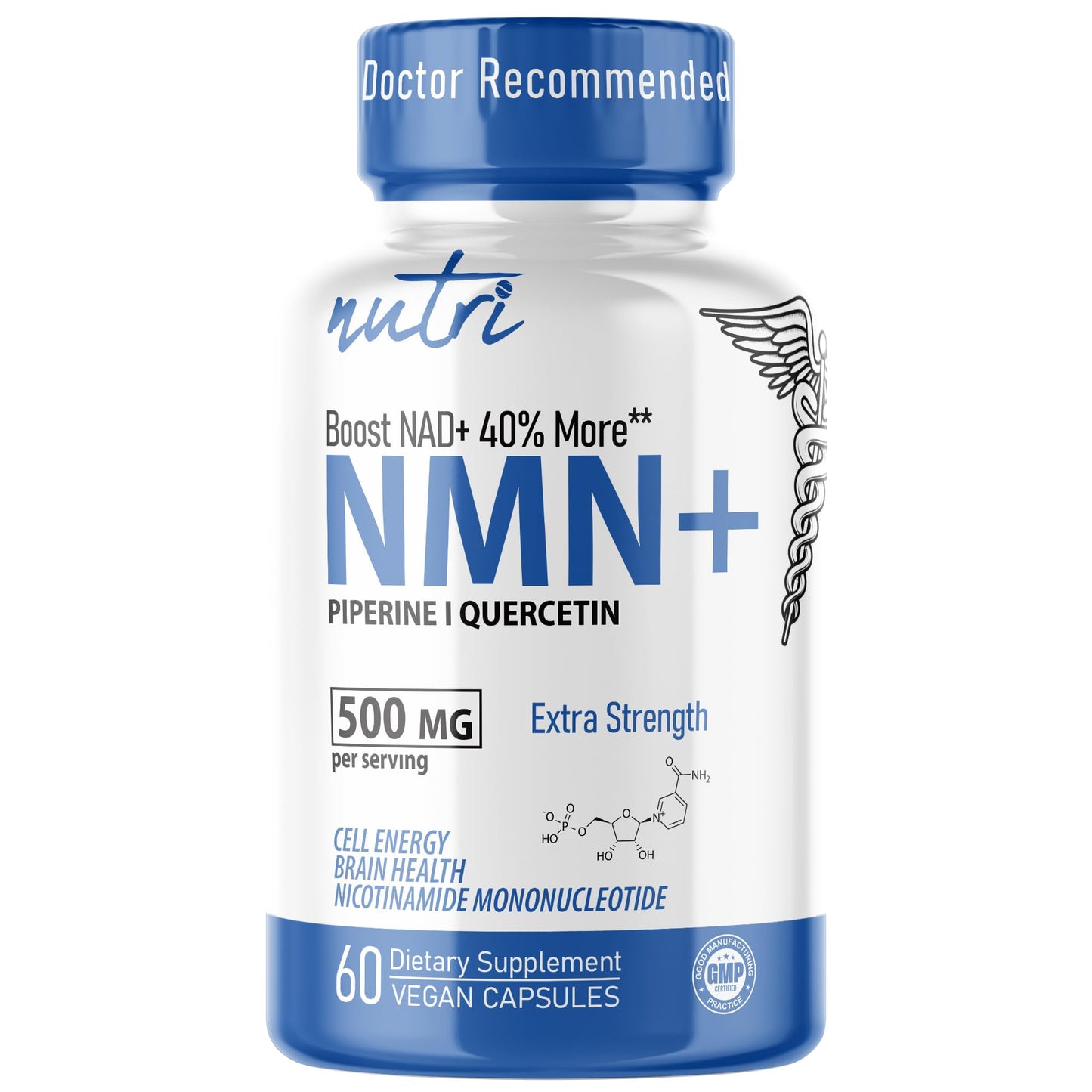 NMN 500mg NAD+ Supplement | Nutri Ultra High Absorption NMN with Quercetin Phytosome & Black Pepper - 60 Capsules