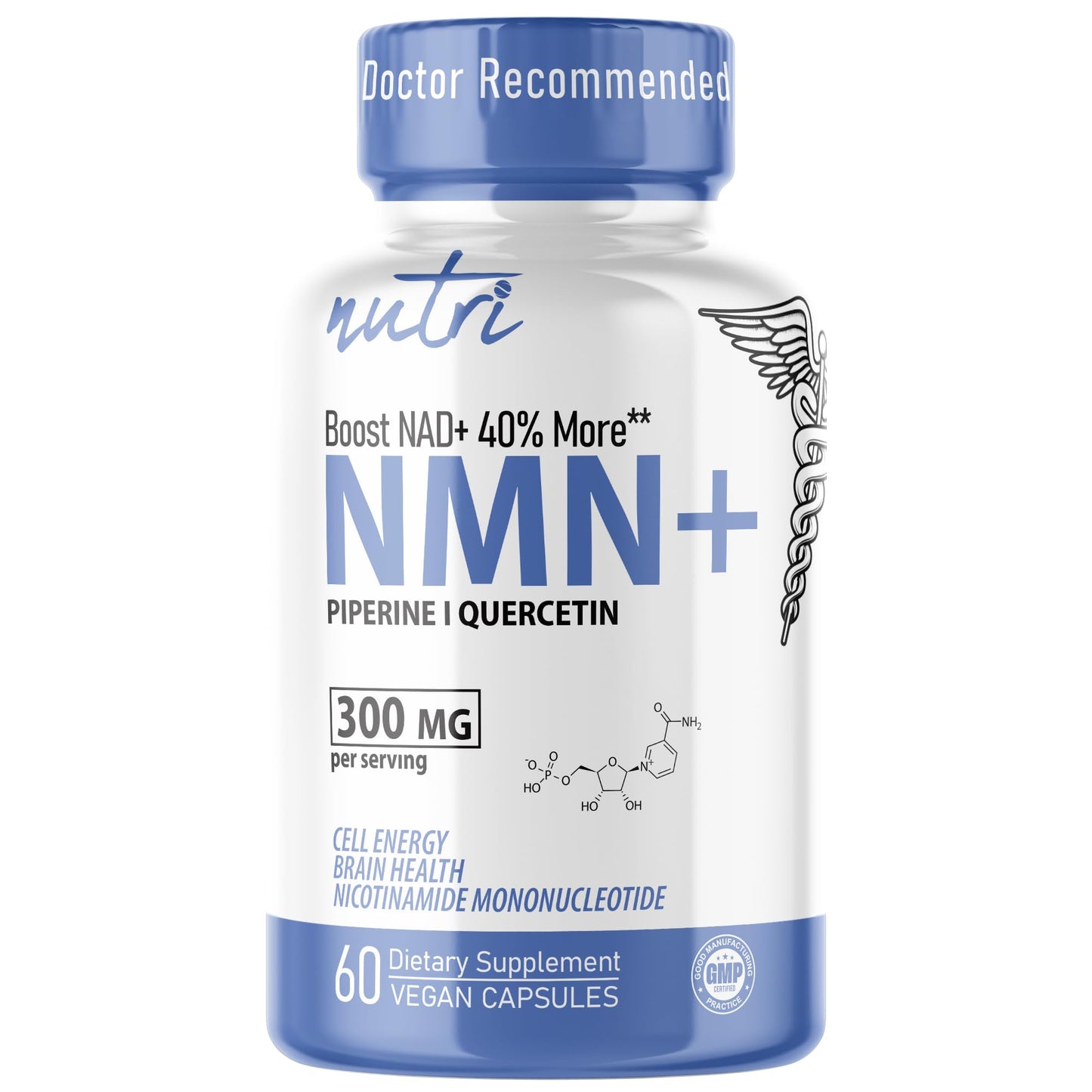 NMN Supplement 300mg NAD Supplement - Nutri Ultra High Absorption Stabilized NMN Nicotinamide Mononucleotide, 40% More NAD+ with Quercetin Phytosome & Black Pepper - mnm supplement (60 Capsules)