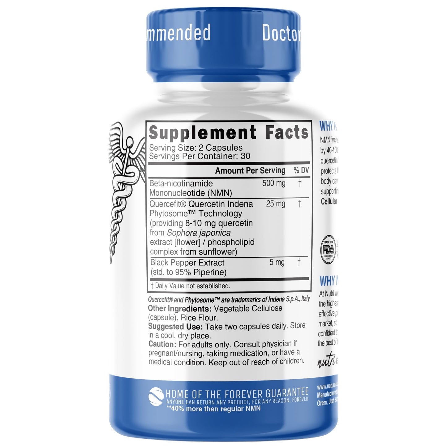 NMN 500mg NAD+ Supplement | Nutri Ultra High Absorption NMN with Quercetin Phytosome & Black Pepper - 60 Capsules