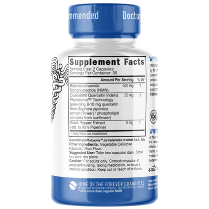 NMN 500mg NAD+ Supplement | Nutri Ultra High Absorption NMN with Quercetin Phytosome & Black Pepper - 60 Capsules