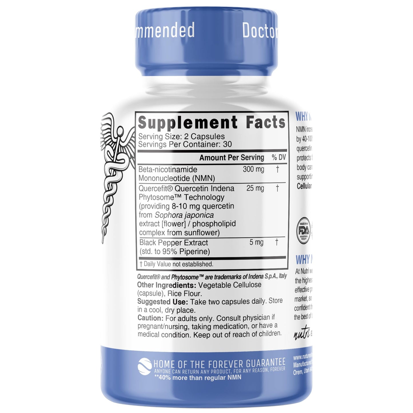 NMN Supplement 300mg NAD Supplement - Nutri Ultra High Absorption Stabilized NMN Nicotinamide Mononucleotide, 40% More NAD+ with Quercetin Phytosome & Black Pepper - mnm supplement (60 Capsules)