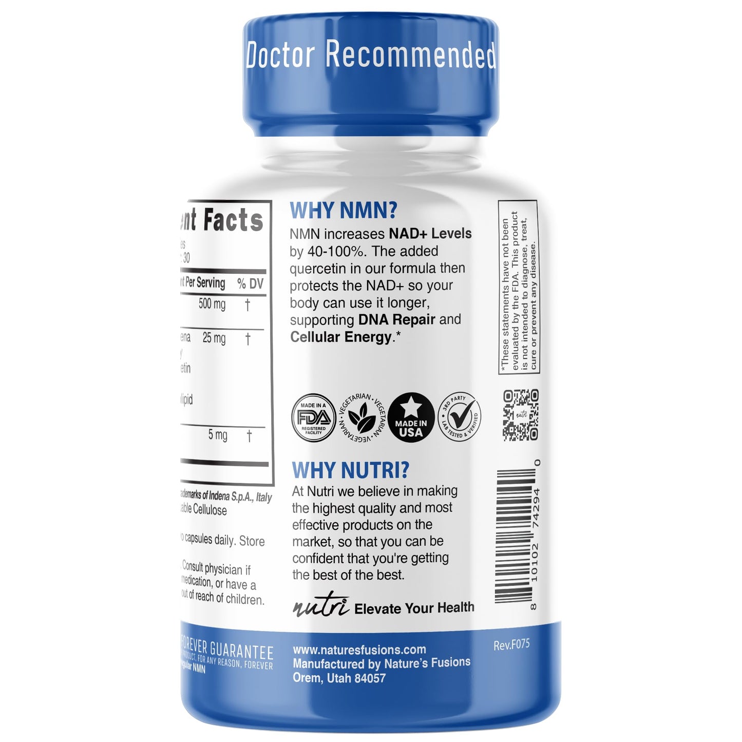 NMN 500mg NAD+ Supplement | Nutri Ultra High Absorption NMN with Quercetin Phytosome & Black Pepper - 60 Capsules