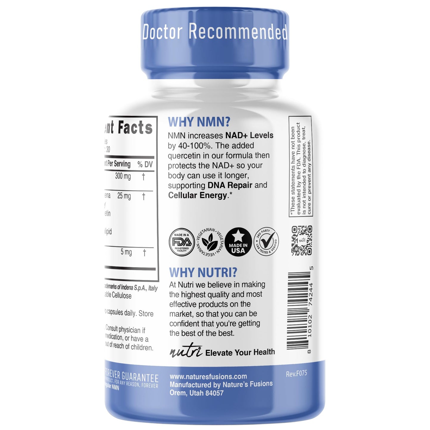 NMN Supplement 300mg NAD Supplement - Nutri Ultra High Absorption Stabilized NMN Nicotinamide Mononucleotide, 40% More NAD+ with Quercetin Phytosome & Black Pepper - mnm supplement (60 Capsules)